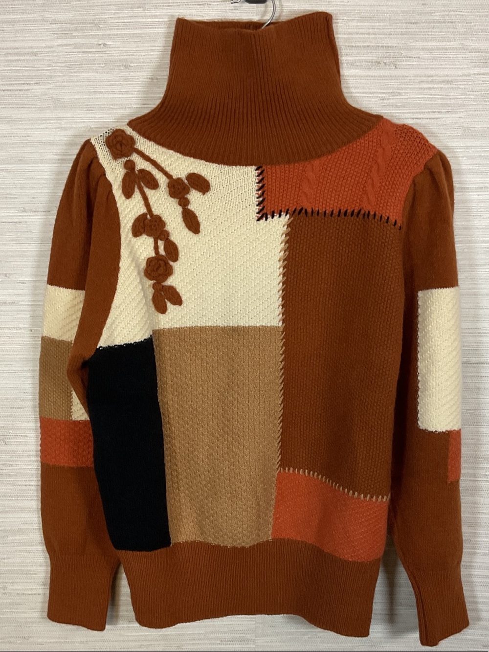 &Merci Turtleneck Floral Leaf Appliqué Patchwork Sweater in Rust & Cream Large